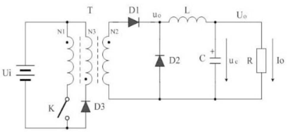 Single-switch forward converter showing the reset winding, output inductor, and freewheeling diode