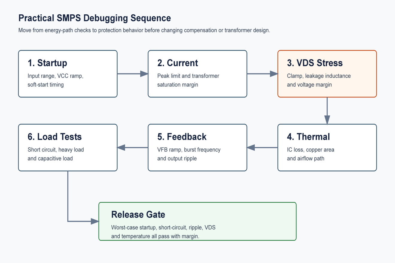Switching power supply debugging workflow diagram