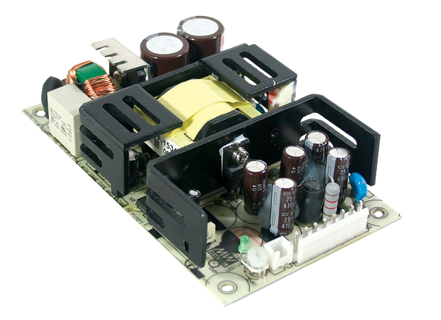 Open-frame AC-DC power supply module showing transformer and output components