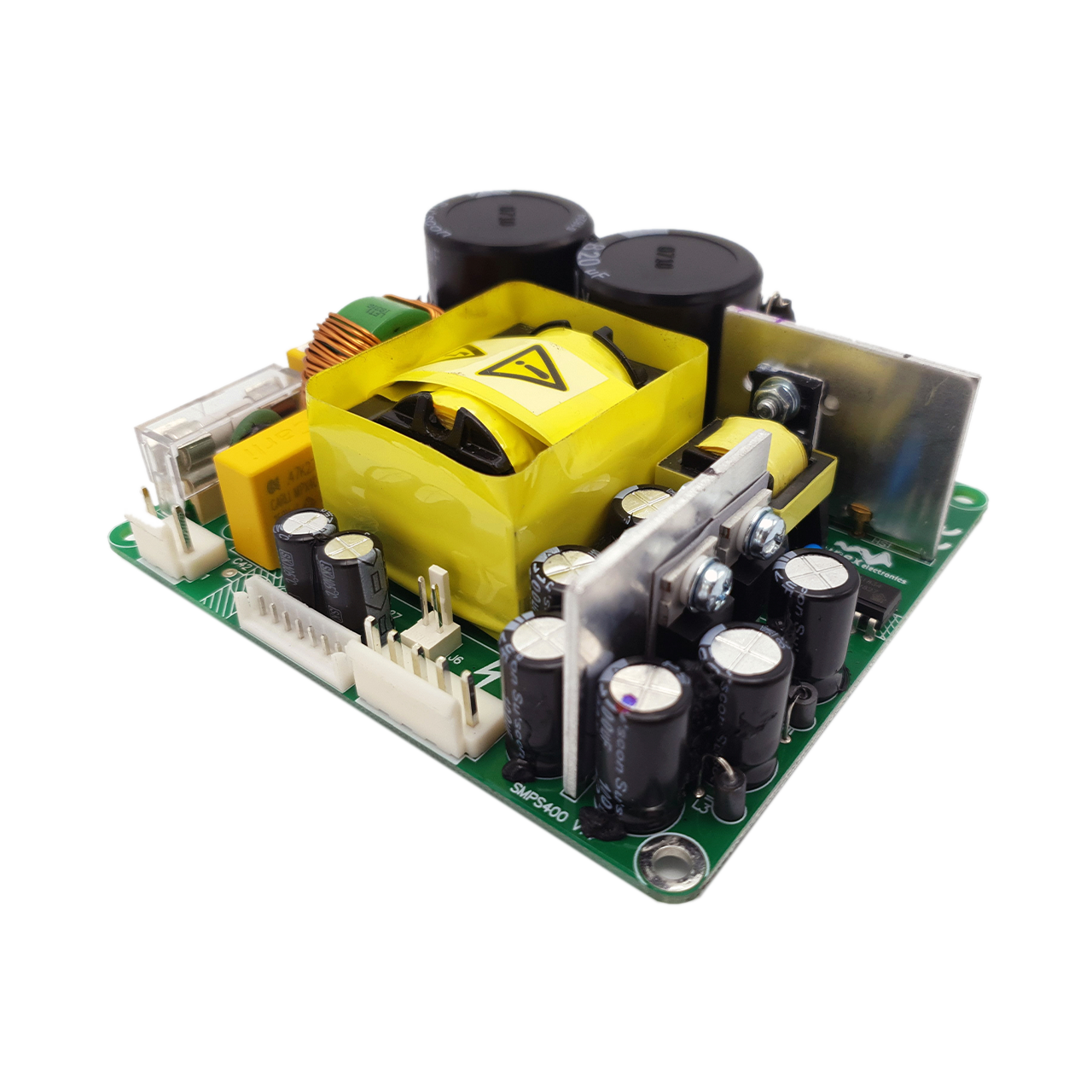 Open-frame SMPS400 switching power supply board with transformer and capacitors