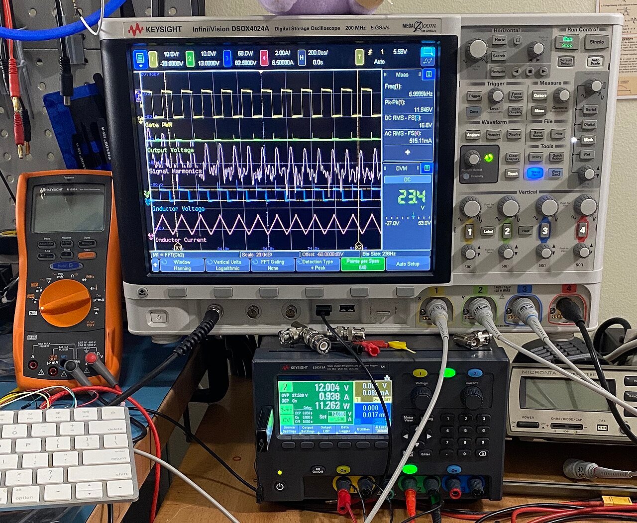 Oscilloscope and bench power supply setup showing output voltage and switching waveforms during dynamic testing