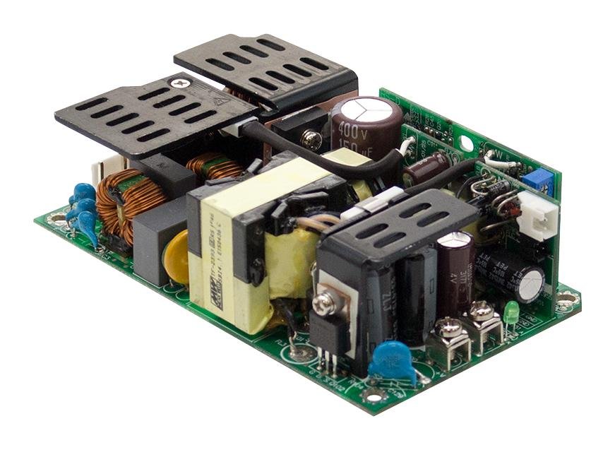 Open-frame AC-DC switching power supply board with transformer, heat sinks and output components
